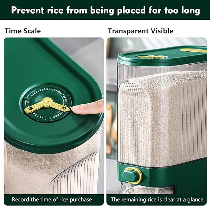 22 Lbs Rice Dispenser, Large Dry Food Storage Container with with Measuring Cup & Time Scale, Food Dispenser Kitchen Organization and Pantry Store for Cereal Dry Food (Green)
