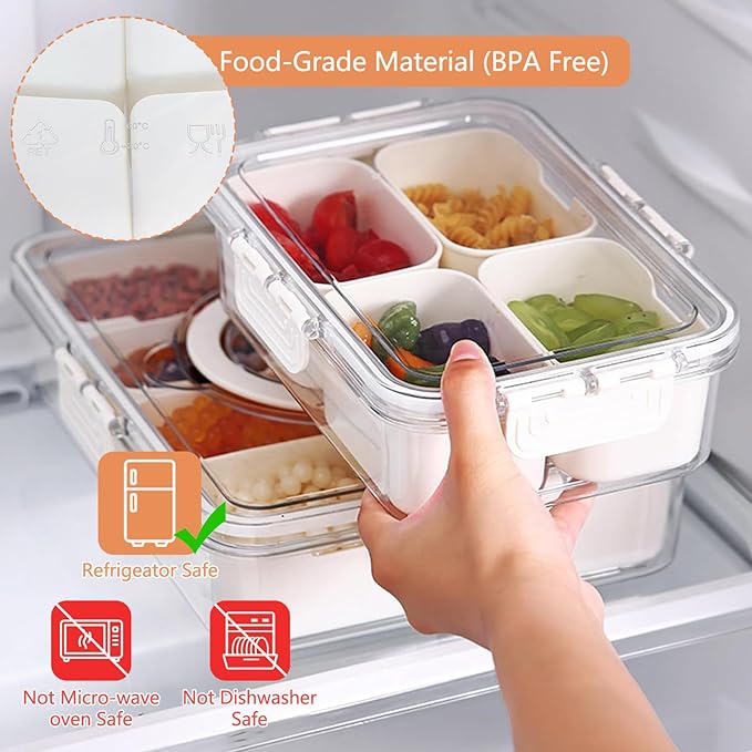 Snackle Box Container, 4 Compartment Divided Serving Tray with Lid, Snack Box Container for Candy, Fruit and Snacks, Great for Gatherings, Outings, Parties and Entertaining