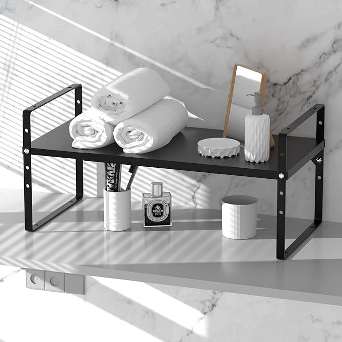 Expandable Kitchen Cabinet Shelf Organizers, Stackable Metal Pantry Storage Shelves Rack, Adjustable Counter Spice Shelf for Cabinets, Countertop, Cupboard Organizers and Storage, Black