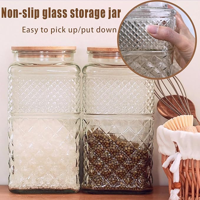 1 Gallon Glass Jar with Lid Spoon 120 OZ Square Wide Mouth Glass Storage Jars Airtight Large Vintage Canister Container for Candy Cookie Sugar Coffee Tea Nuts Flour Dog Treat Laundry Pods