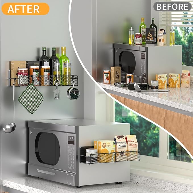 Magnetic Spice Rack for Refrigerator, 2 Pack Metal Magnetic Shelf Black, Moveable Spice Organizer with Hooks, Super Magnetic Fridge Shelf for Kitchen Organization and Storage