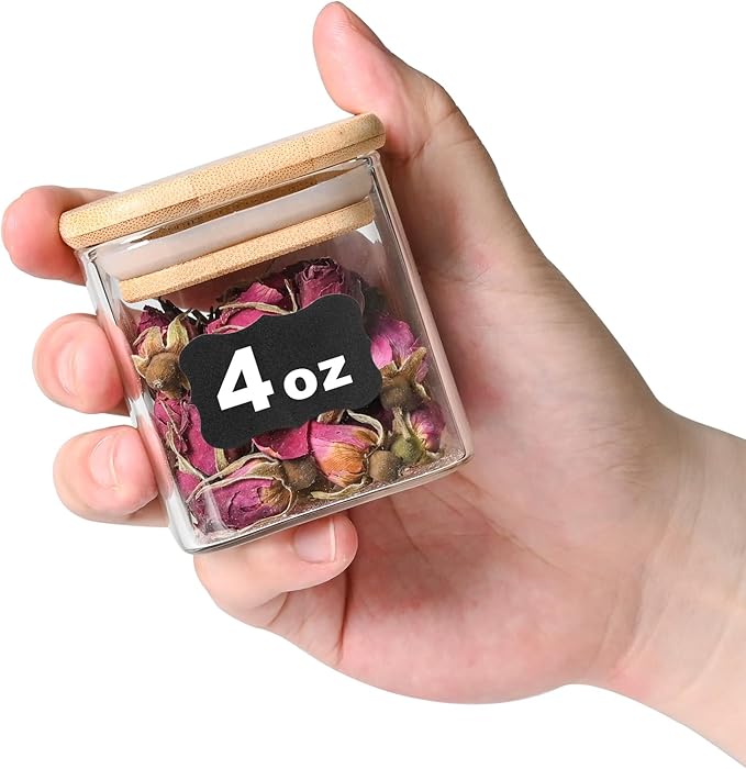 Glass Food Storage Jars Square 4oz, 12 Pack Glass Jars With Bamboo Lids, Kitchen Storage Containers For Spice, Candy, Cookie, Storage For Pantry Organizers
