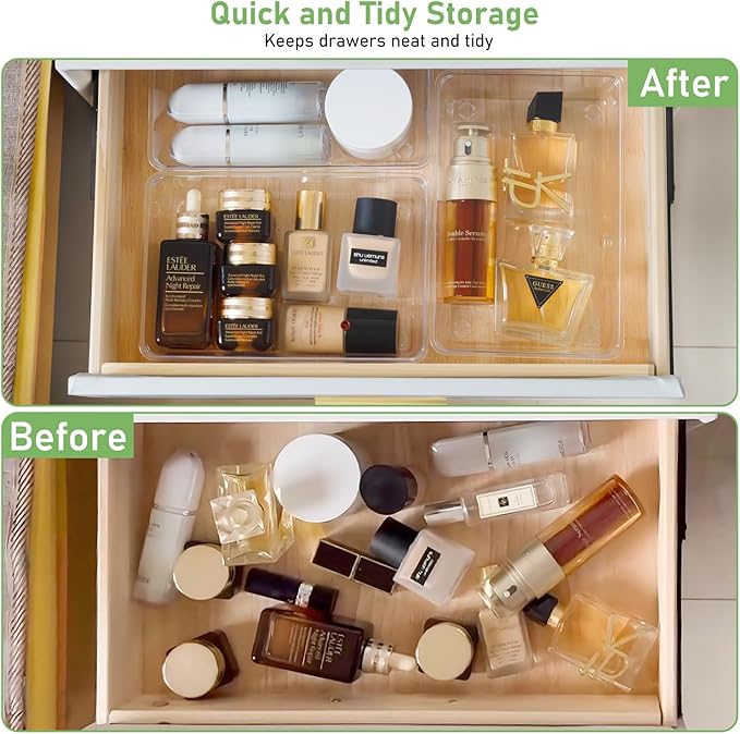 8 PCS Clear Plastic Drawer Organizer Tray, Acrylic Vanity Bathroom Drawer Organizers Trays, Desk Drawer Organizer Bins for Cosmetic, Makeup, Kitchen, Office, Junk Drawer Divider Organization