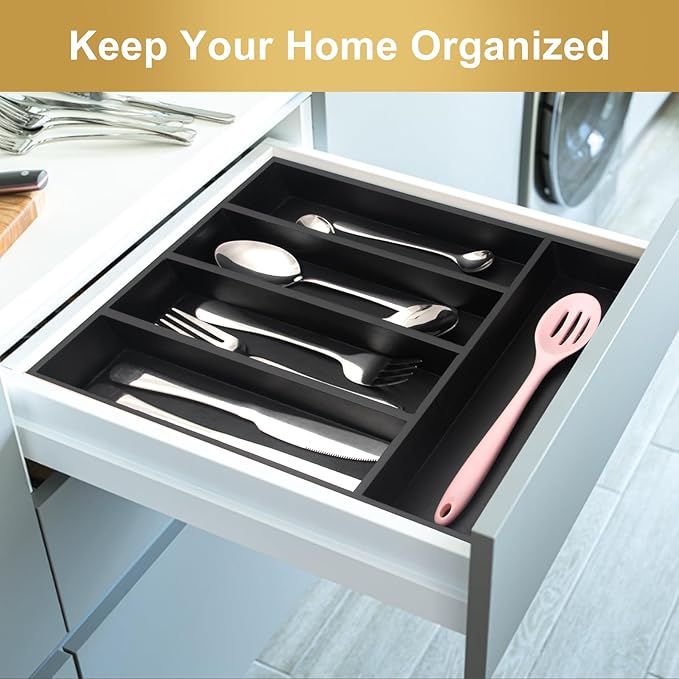 Wooden Silverware Drawer Organizers Black Utensil Trays for Kitchen Drawers Wood Cutlery Tray Flatware Organizer Utensil Holder Drawer Divider Fork Spoon Organizer Storage Bamboo Silverware Tray