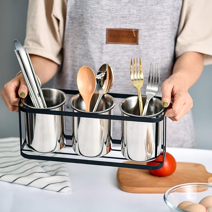 IMEEA Silverware Caddy for Countertop Kitchen Utensil Holder Stainless Steel Utensil Caddy Cutlery Holder with Black Metal Rack