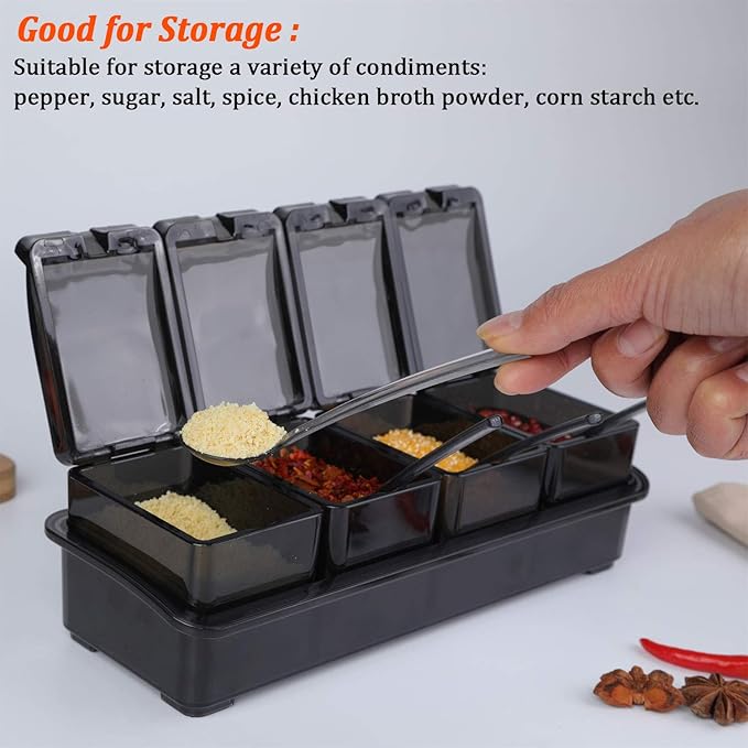 V·RESOURCING [ New Version Elegant Black Seasoning Box, 4 Pieces Seasoning Storage Container Cruet for Home Kitchen,Condiment Jars with Cover and Spoon for Pepper Spice Salt Sugar Storage