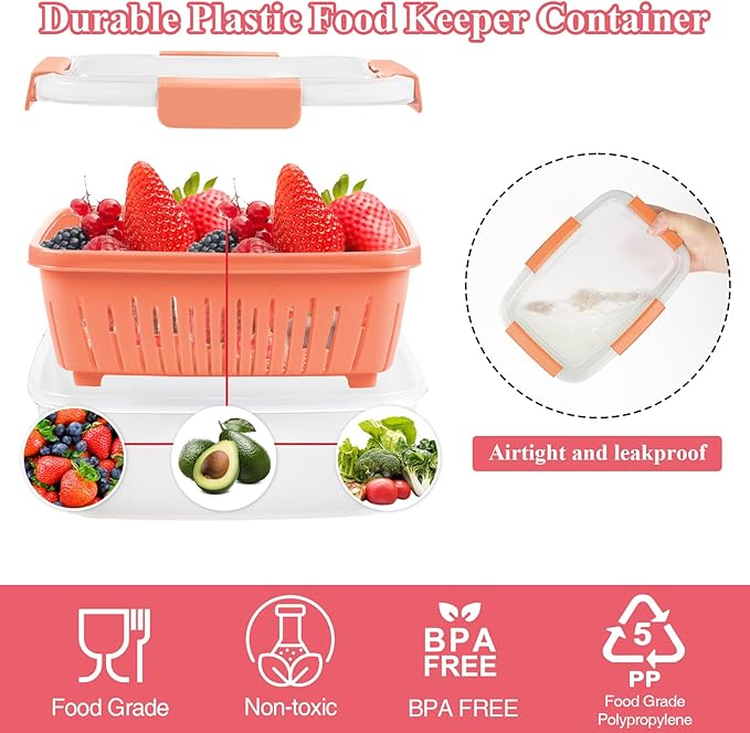 shopwithgreen 68oz Berry Keeper Fruit Storage Container for Fridge, Fresh Food Produce Saver Containers with Removable Drain Colanders, Vegetable Lettuce Keeper Bowl, Refrigerator Organizer, 3 Pack