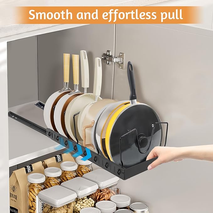 XIAPIA Pull Out Cabinet Organizer, Pots and Pans Organizer under Cabinet with 8 Adjustable Dividers, Pull Out Shelves for Kitchen Cabinets, Pot Lid Organizers inside Cabinet (Black, 1 Pack)