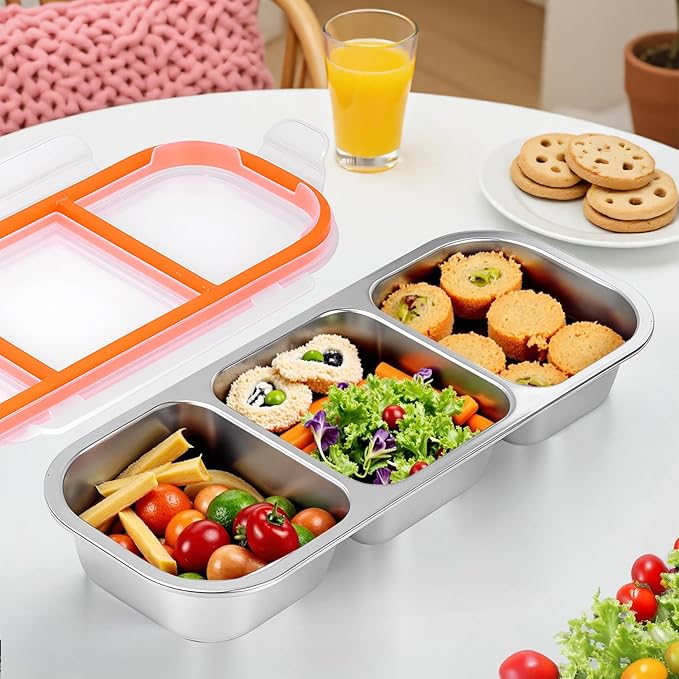 Stainless Steel Snack Containers - Reusable 3 Compartment Condiment Box with Lids for Kids Adults, Grab and Go Divided Snack Food Storage Containers Sauce Cups for School, Travel