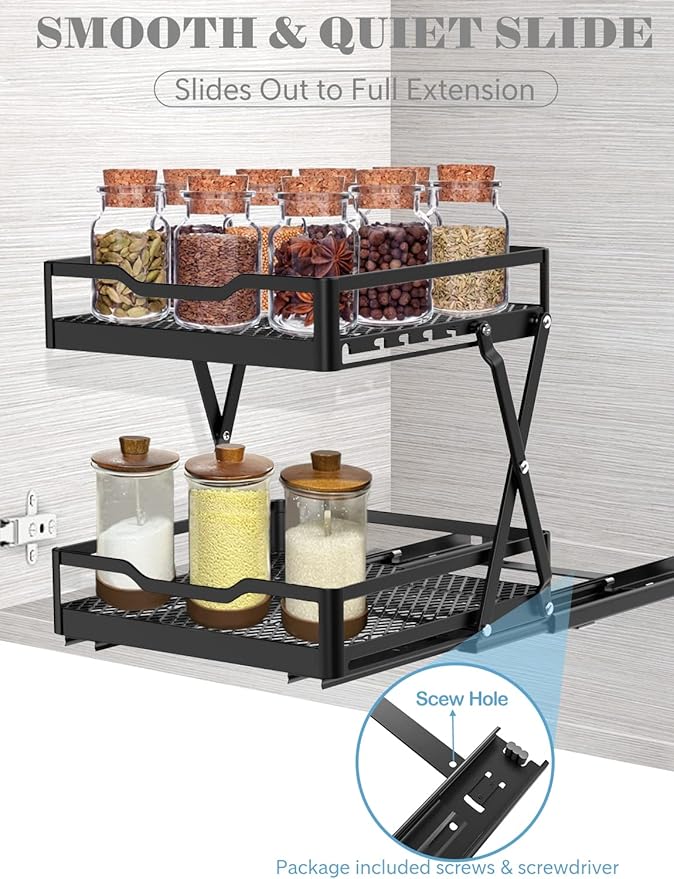 VOGWOLTH Pull Out Spice Rack Organizer, Collapsible Spice Rack Pull Out Drawer 2 Tier Height Adjustable Sliding Seasoning Shelf Kitchen Cabinet Pantry Closet Organizer Heavy Duty Metal (Large)