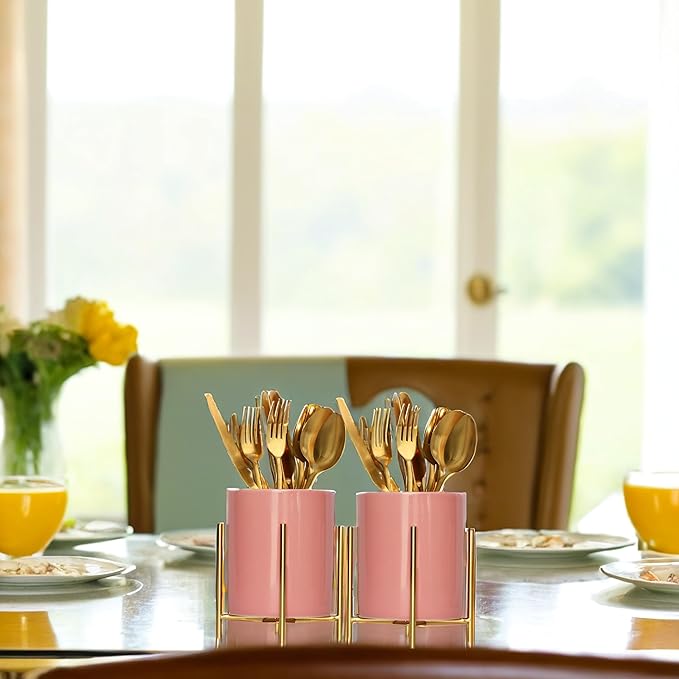 Sturdy Cutlery Holder Gold Ceramic With Metal Bracket Robust Silverware Caddy For Countertop - Spoon Holder Silverware Caddy