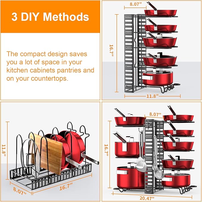 Pots and Pans Organizer for Cabinet with 2 Hooks, Adjustable Pot and Pan Organizer Rack for Cabinet 8 Tiers Durable Steel Construction Pot Rack Space Saving Kitchen Storage