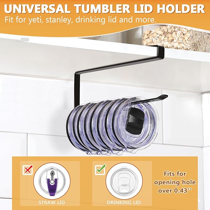 Tumbler Lid Organizer Under Cabinet, Tumbler Lid Storage Hook Up to 10 Lids, Cup Lid Holders Space Saving Tumbler Lid Hanger for Kitchen Storage, Horizontal Paper Towel Hanger (Black)