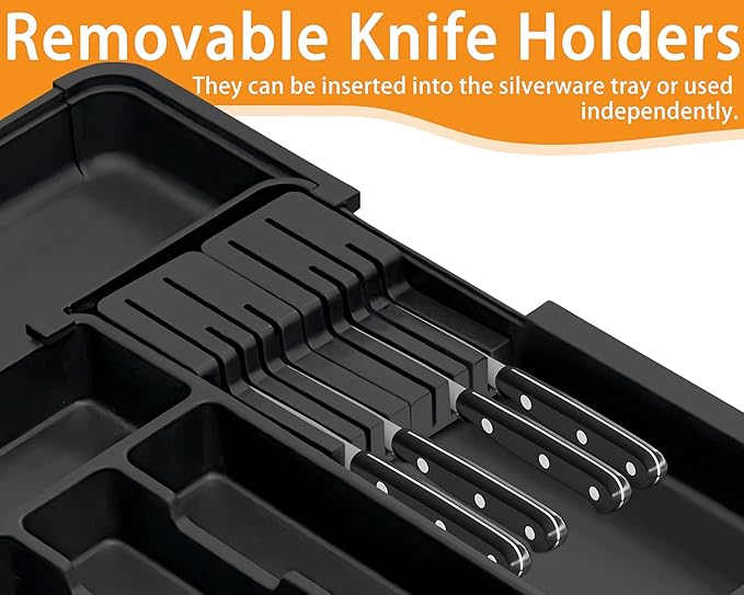 Homecor Silverware Organizer - Expandable Large Kitchen Drawer Organizer Utensil Organizer with 2 Removable Knife Blocks, 22"x 19"Cutlery Tray Drawer Dividers for Kitchen Flatware(6-9 Slots) (Black)