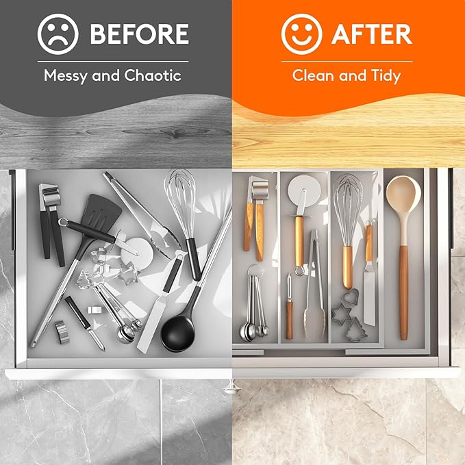 Lifewit Utensil Organizer for Kitchen Drawer, Expandable Cooking Utensil Tray, Bamboo Cutlery Silverware Flatware Holder, Adjustable Spatula Tools and Gadgets Storage Divider, Large, White