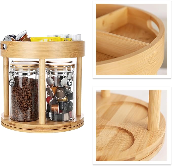KKC HOME ACCENTS Coffee Tea Bar Accessories Organizer for Countertop,Coffee Bar Lazy Susan Organizer with 4 Airtight Glass Canisters for Countertop,2 Tier,Bamboo
