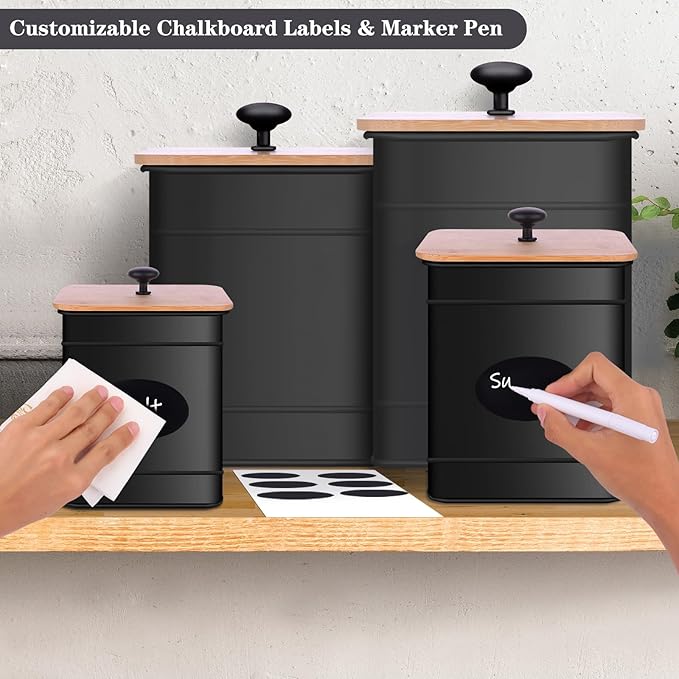 Black Canisters Sets for the Kitchen Counter,Flour Sugar Storage Containers,Metal Farmhouse Kitchen Canisters Set of 4,Coffee Tea Sugar Spice Flour Food Storage Container with Airtight Bamboo Lids