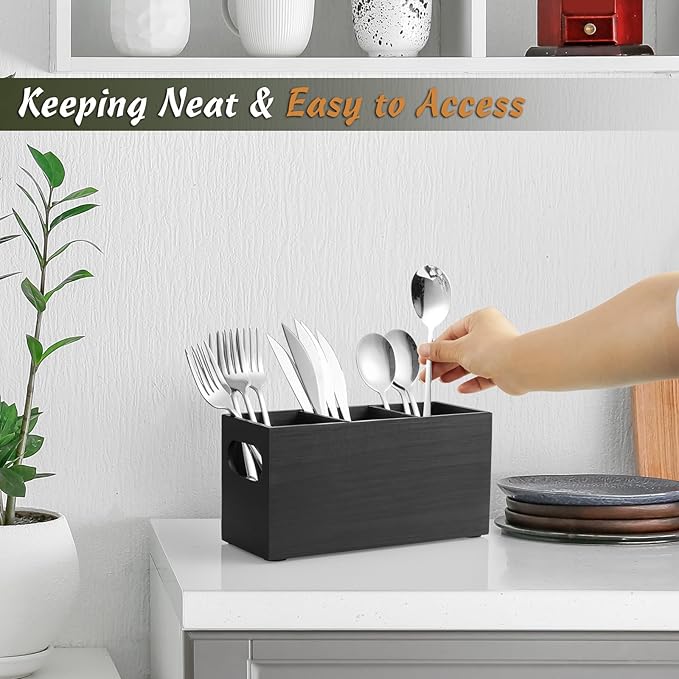 DRASTAR Silverware Holder, Wooden Utensil Caddy, Silverware Organizer Countertop, Cutlery Holder for Party, Fork Spoon Knife Organizer,Black