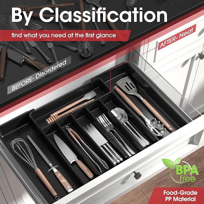 Aujen Expandable Kitchen Drawer Organizer - Multipurpose Black Cutlery and Utensil Organizer for Knives, Forks and More