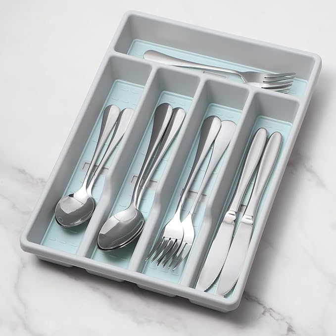 Silverware Organizer with Cutlery Icons,Silverware Tray for Kitchen Drawer,Flatware Tableware Cultery Drawer Organizer Utensil Organizer with Non-slip TPR Linings,Kitchen Organization Essentials