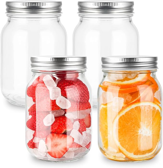 GUEQUITLEX Glass Mason Jars With Lids Genuine Preserve Jar 16OZ, Canning Jars for Food Storage, Dry Food, Snacks, Candies, DIY Projects 4 Pack