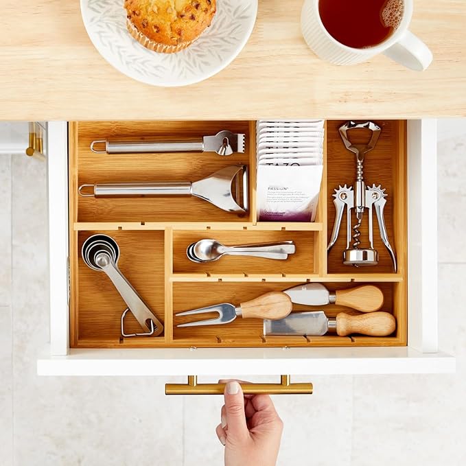 Juvale Bamboo Drawer Organizer Tray with 8 Adjustable Dividers for Kitchen Utensils, Cutlery (14 x 10 x 2 In)