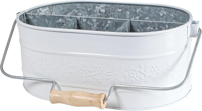 Utensil Caddy For Parties, Utensil Caddy For Kitchen Countertop, Galvalined Metal Caddy, Plate And Utensil Caddy, Picnic Utensil Caddy - Flower Design - Chalk White
