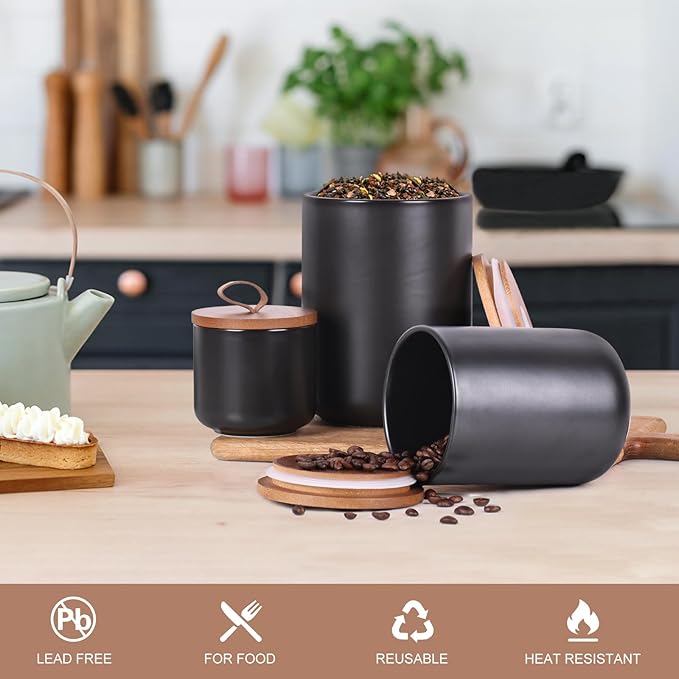 Black CanistersSets for the Kitchen, Tea Coffee Sugar Canister Set,Coffee Canisters with Airtight Lids,White Canisters Set of 3,Food Flour Storage Containers
