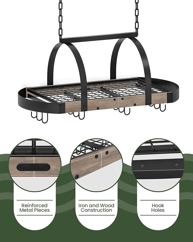 Hanging Pot Rack, Pot Hanger for Kitchen, Ceiling Mounted Pot Holder, Cookware Organizer with 12 S-Shaped Hooks, for Pot, Pan Storage, Space-Saving, Greige and Black TPR08BGC1