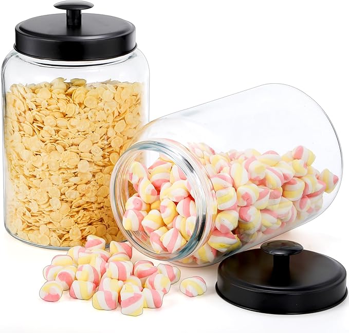 2 Pack Large Glass Jars with Metal Lid, 1 Gallon Clear Cookie Candy Jar, 125 OZ Airtight Food Storage Container, Empty Canister Set for Kitchen Counter, Pasta, Dog Treats, Snacks, 3.7 L