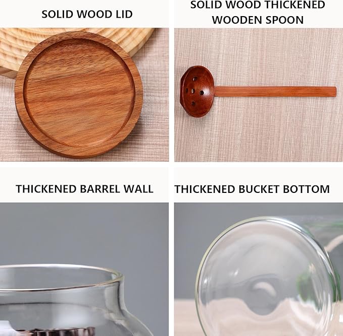 2 PCS Large Glass Jar with Airtight Wooden Lid Clear Glass Canisters with Spoon for Egg,Flour,Rice,Coffee,Cereal (2700ml × 2)