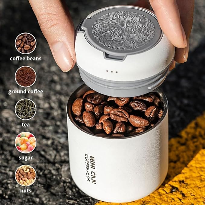watchget Portable Mini Airtight Coffee Canister - 80ml Stainless Steel Coffee Bean Storage with CO2 Releasing Valves, Compact and Travel-Friendly Container for 30-35g Beans, Grounds, Dark Grey