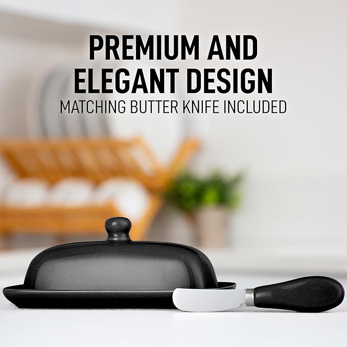 Zulay Butter Dish With Lid For Countertop - Porcelain White, Ceramic Butter Dish with Knob Handle Great for Cooking - Elegant Design Butter Holder - Durable & Sturdy Butter Keeper - Black