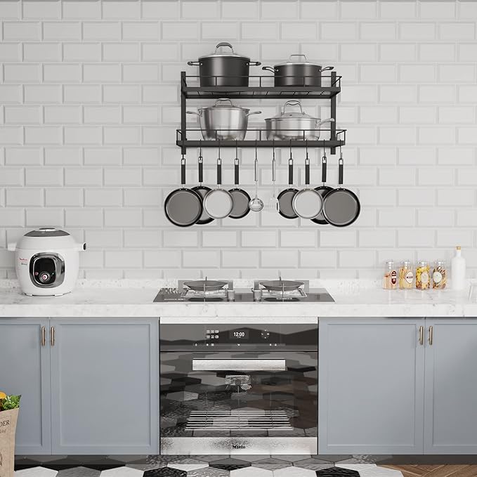 2 Tiers Hanging Pot Rack Wall Mounted, Large Weight Capacity Pots and Pans Hanging Rack with 10 Hooks for KItchen Organizer Storage(Heavy Duty)