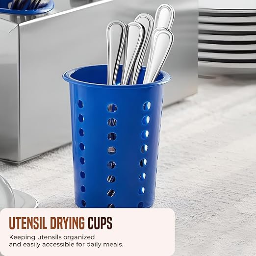 OCS Parts Perforated Utensil Drying Cups | Blue | Set of 3 | Plastic Flatware Holder Cylinders for Kitchen Counter Organization