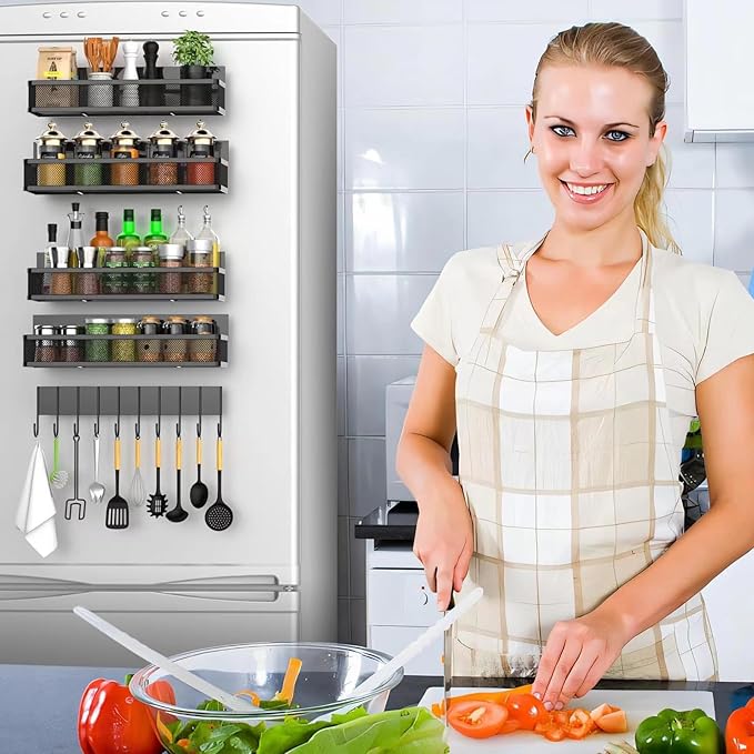 Magnetic Spice Rack for Refrigerator, 3 Pack Magnetic Shelf, Moveable Magnetic Fridge Organizer with 10-Hook Rack, Seasoning Organizer for Kitchen Organization and Storage