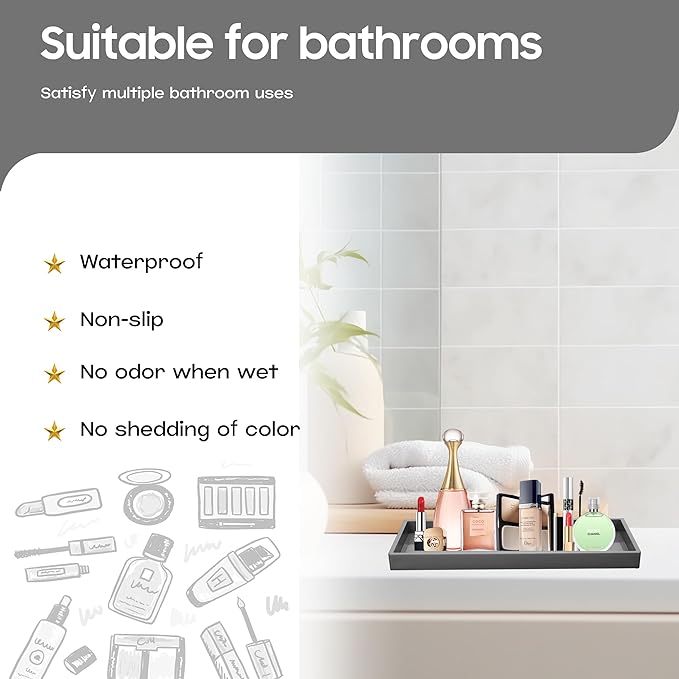 Vanity and Bathroom Tray, 11.8" ABS Countertop Organizer,Waterproof Vanity Tray for Toilet Tank,Perfume,Soap,Keys,Bathroom Accessories,Kitchen and Bath Trays,Non Slip Small Trays,Black