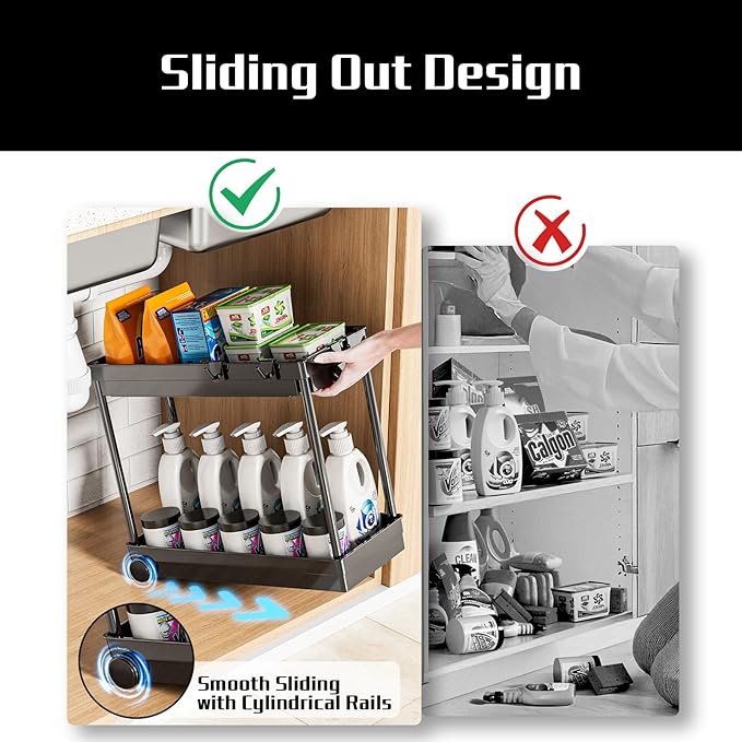 2 Pack Under Sink Organizer, 2 Tier Bathroom Cabinet Organizers and Storage with Hook, Multi-purpose Storage Basket Shelf for Kitchen, Black