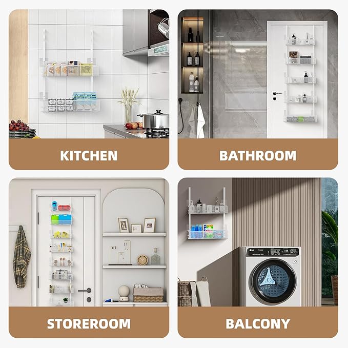 Over the Door Pantry Organizer - 8-Tier Mesh Basket Hanging & Wall Mounted Pantry Door Organizer, Over the Door Spice Rack with Adjustable Hooks for Kitchen, Bathroom, Bedroom, Storage Room (White)