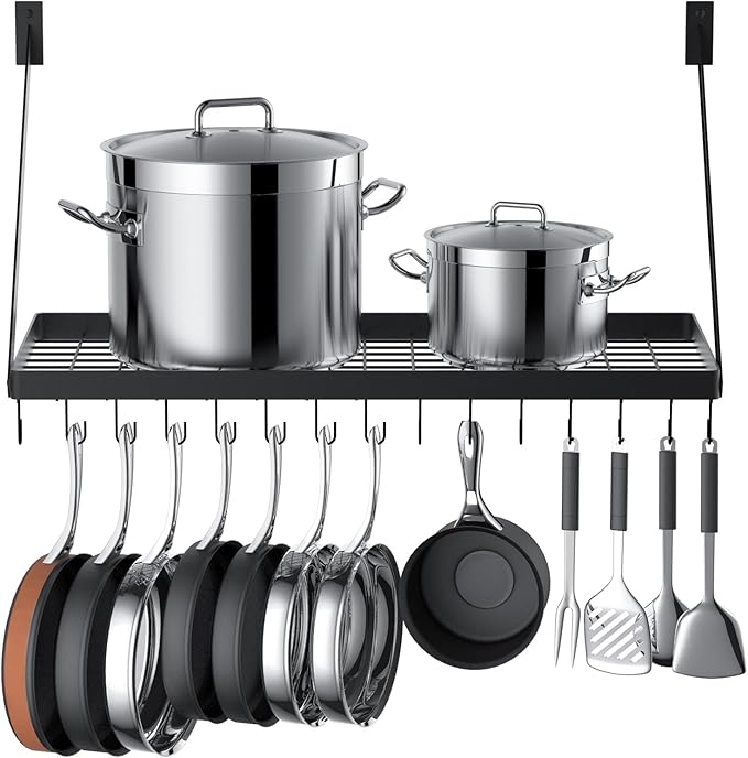 Square Grid Wall Mount Pot Rack Storage Shelf with 10 Hooks, Kitchen Cookware Hanging Organizer, Black, KPR300A-BK