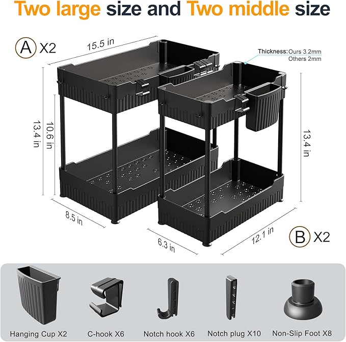 4 Pack Under Sink Organizers and Storage,Under Bathroom Cabinet Organizer with Hooks Hanging Cup,Multi-Purpose Storage Shelf for Kitchen Bathroom,Black (4 Pack Black)