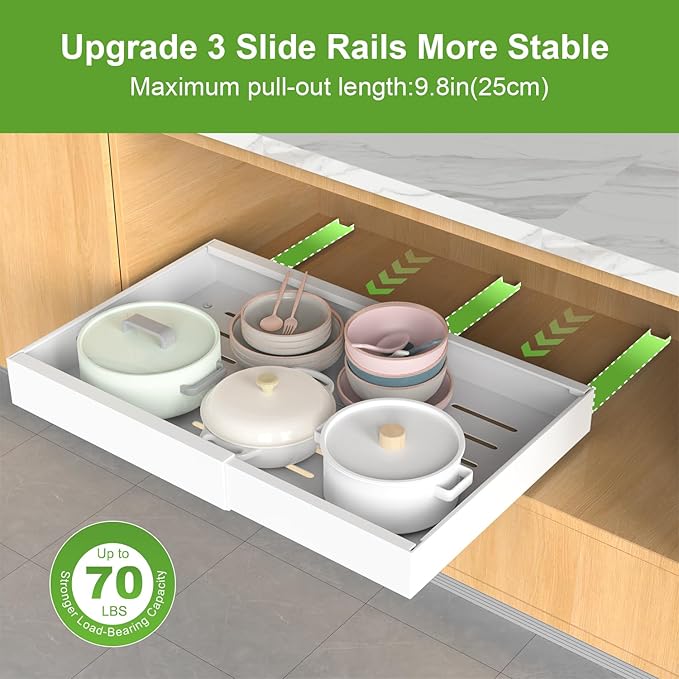 Pull out Cabinet Organizer, Expandable(12.2"-20.5") Heavy Duty Slide Out Drawers, Fixed with Adhesive Nano Film or Screw, Roll out Shelf Storage for Kitchen Base Cabinet Organization(21‘’Deep)