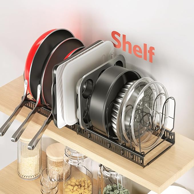 ORDORA Pots and Pans Organizer under Cabinet with Pan Holder: Expandable 11.8"-22.8" Kitchen Cabinet Organizer Rack, 12 Adjustable Dividers Storage for Cookie Sheets, Cutting Boards & Heavy Cookware