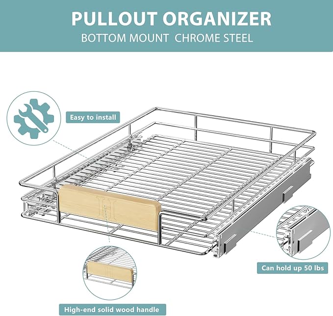 LOVMOR Pull Out Cabinet Organizer with Wooden Handle, 16½" W x 21½"Heavy Duty Cabinet Drawers Shelves Slide Out Organizer for Kitchen, Pantry
