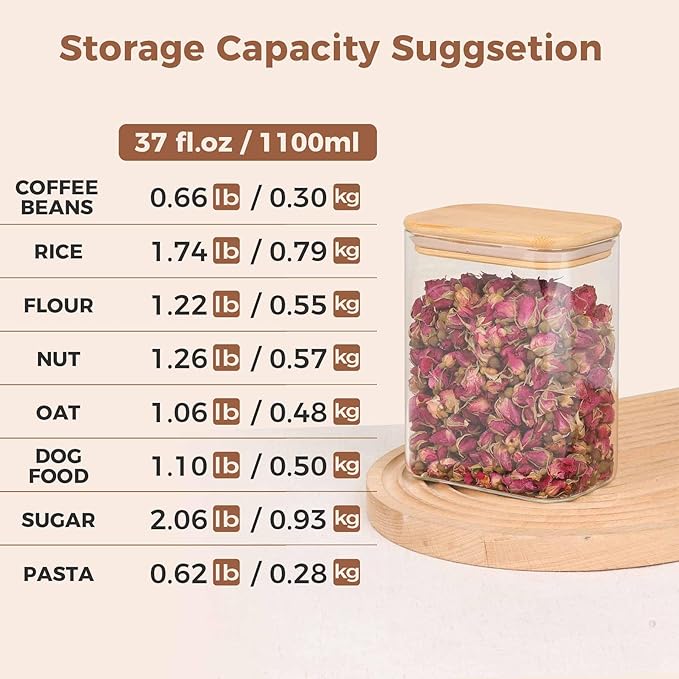 ComSaf 37oz Rectangle Glass Storage Containers with Lids, Glass Jars with Bamboo Lids, Clear Food Storage Jar, Sugar Coffee Containers, Pantry Container for Pasta Tea Candy Nut