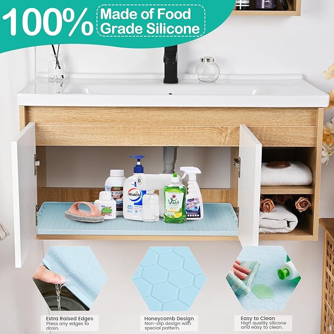 Waterproof Under Sink Mat 22" x 19", Silicone Cabinet Liner, Rubber Protector for Kitchen and Bathroom, Keeps Cabinets Clean, Dry, and Organized (Light Blue)