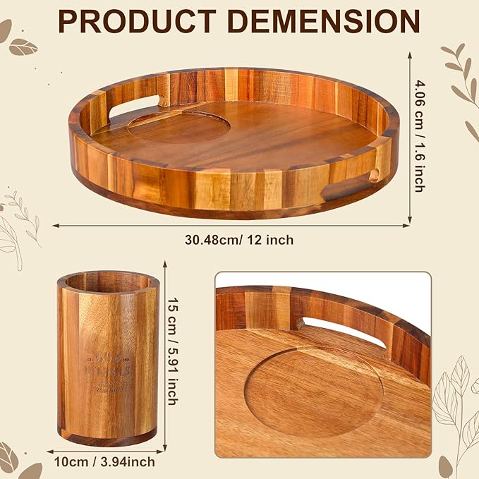 12" Lazy Susan Wooden Revolving Spice Rack with Utensil Holder, Turntable Kitchen Organizers and Storage for Counter Refrigerator Pantry Cabinet Cupboard, Farmhouse Kitchen Decoration, Brown