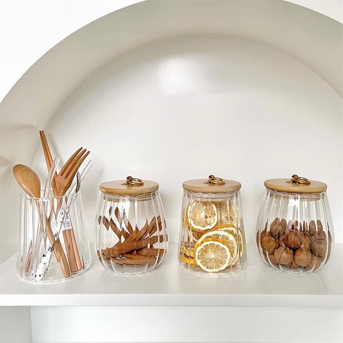Strip Pattern Clear Glass Sugar Jar with Bamboo Lid,Food Storage Jar,Glass Jar with Lid,Coffee Candy Canister Airtight Storage Container (Conical+Oval)