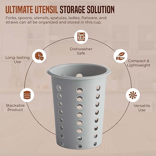 OCS Parts Perforated Utensil Drying Cups | Gray | Set of 3 | Plastic Flatware Holder Cylinders for Kitchen Counter Organization