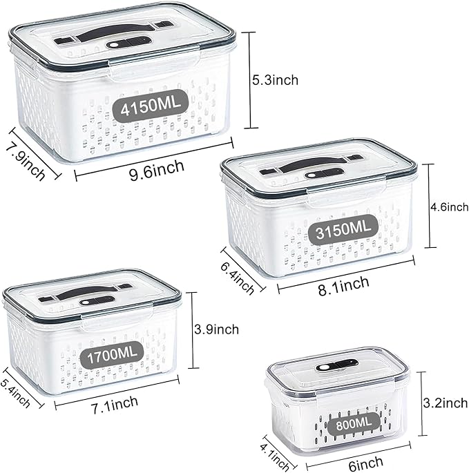 4 Pack Large Fruit Storage Containers for Fridge with vent holes and handle,Airtight Food Storage Containers Keep Fruits, Vegetables, Berry, Fresh longer,BPA-free Fridge Storage Container with Lid